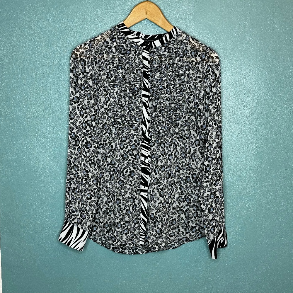 White House Black Market Ruffle Front Button Up Blouse Top Black XS